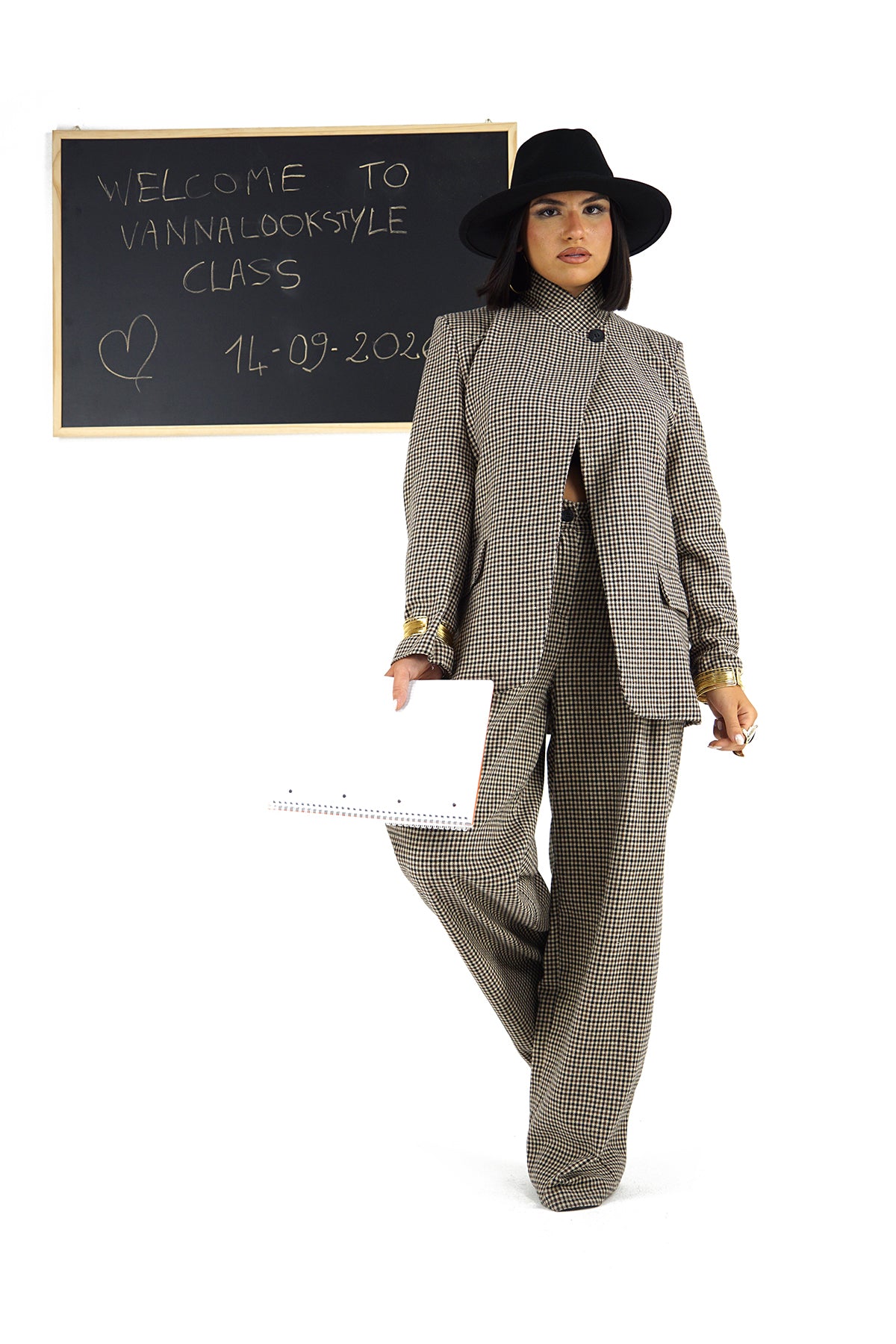 Completo Due Pezzi Donna in Cotone Micro Quadri con Giacca Asimmetrica e Pantaloni Wide Leg
