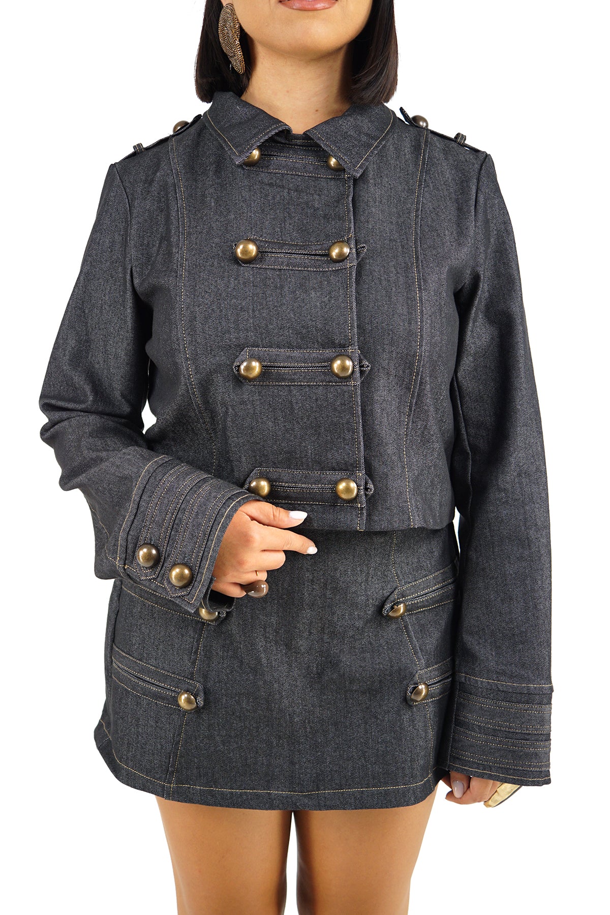 Coordinato Lumina in Denim Scuro Stile Circense con Cropped e Gonna Pantalone