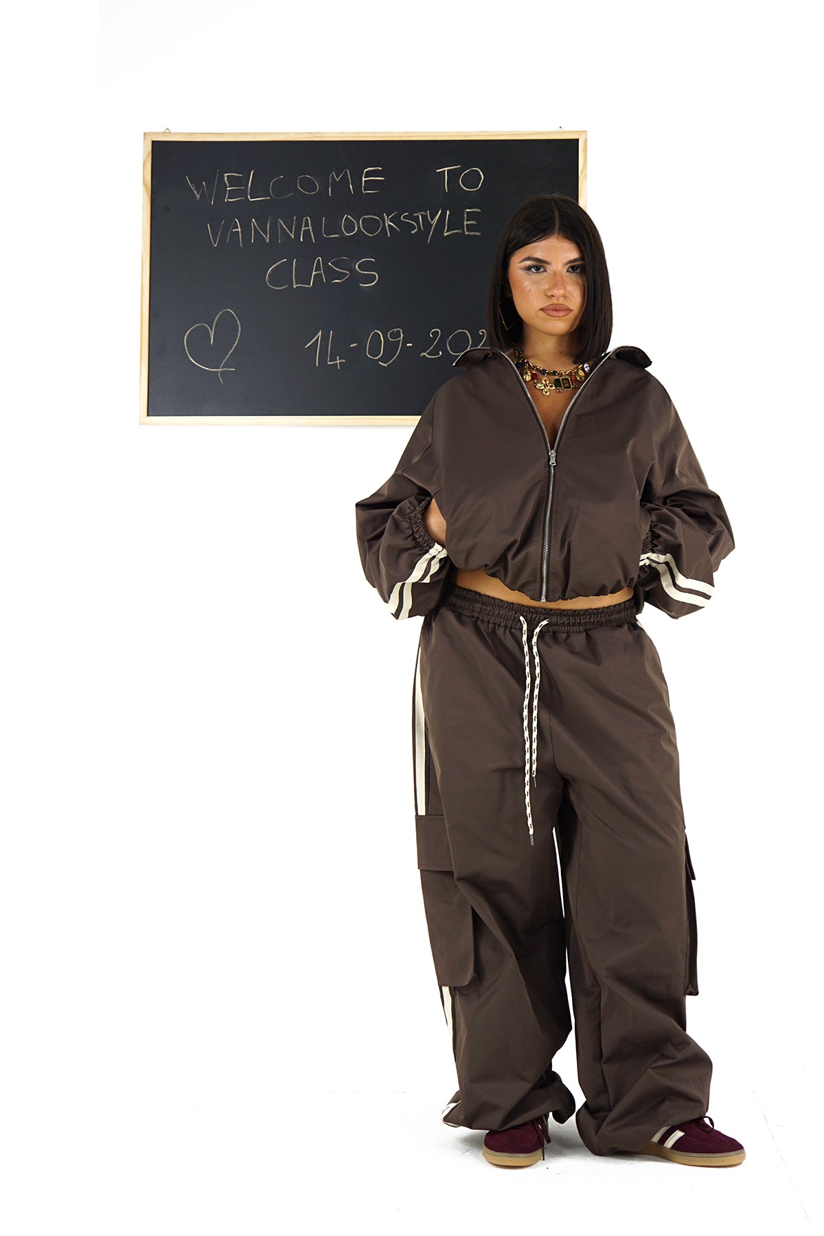 Tuta Due Pezzi Lumina Sporty Chic Giacca Zip e Pantaloni Cargo Wide Leg