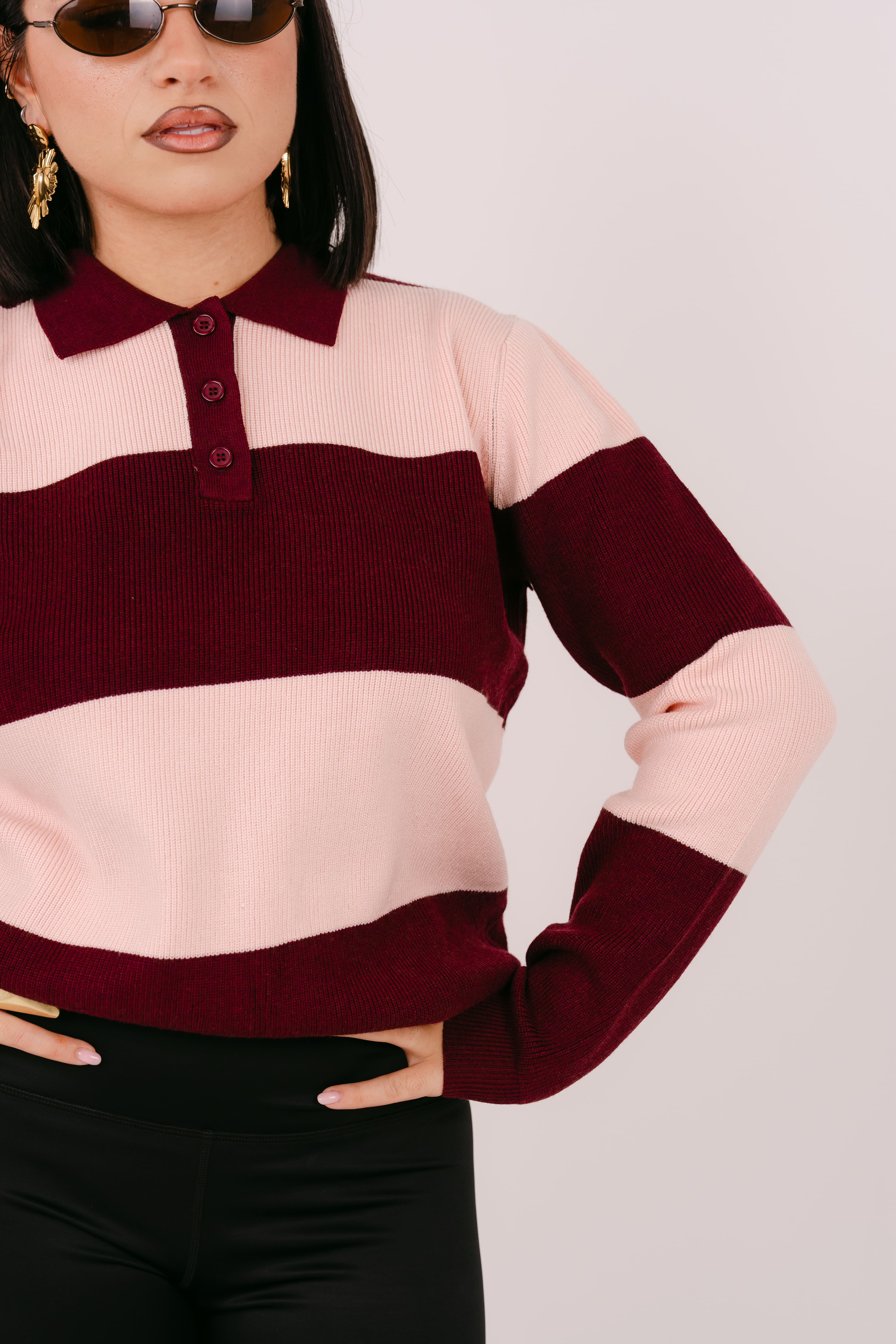 MAGLIONCINO POLO GRACE ROSA E BORDEAUX CON RIGA LARGA TAGLIA UNICA