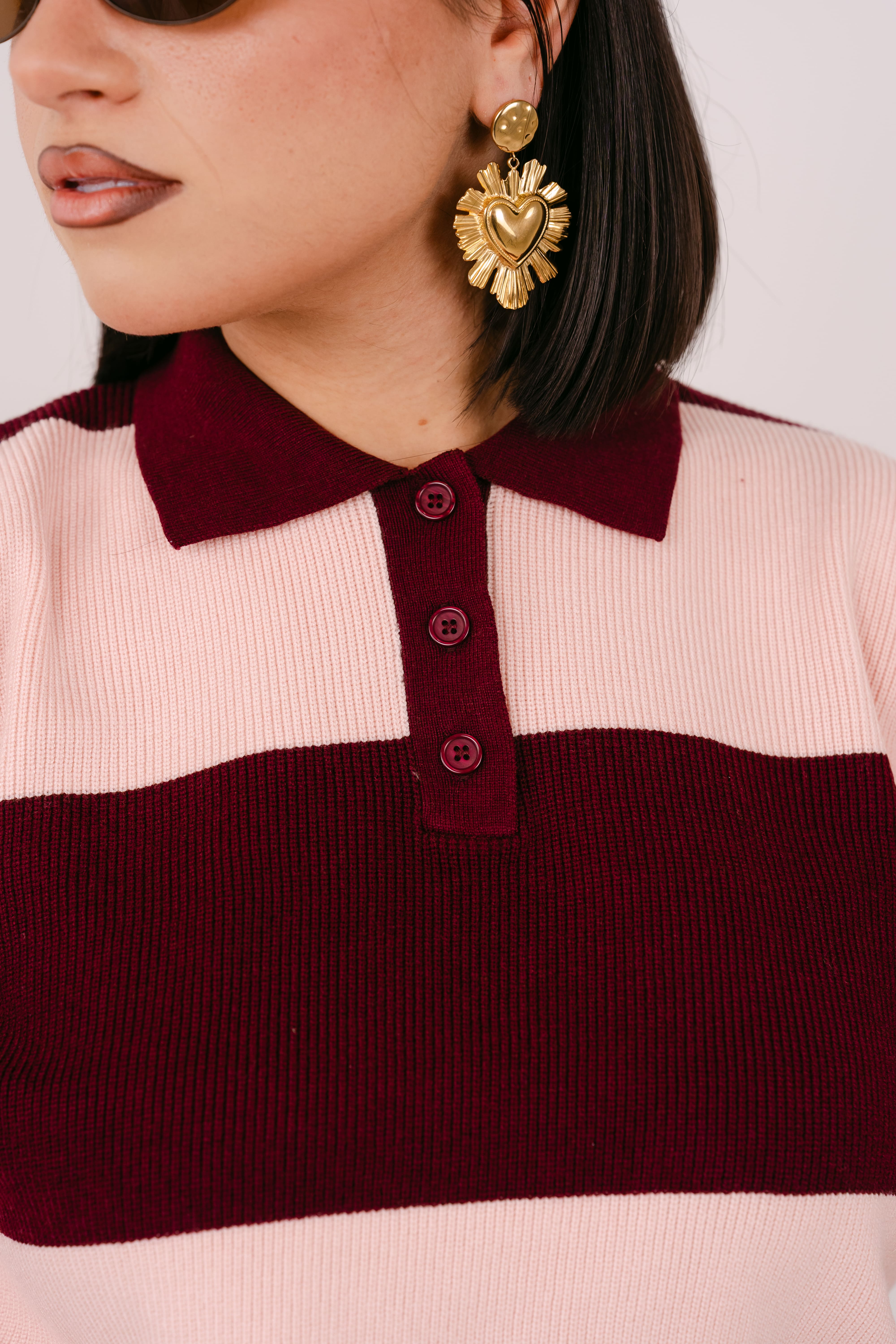MAGLIONCINO POLO GRACE ROSA E BORDEAUX CON RIGA LARGA TAGLIA UNICA