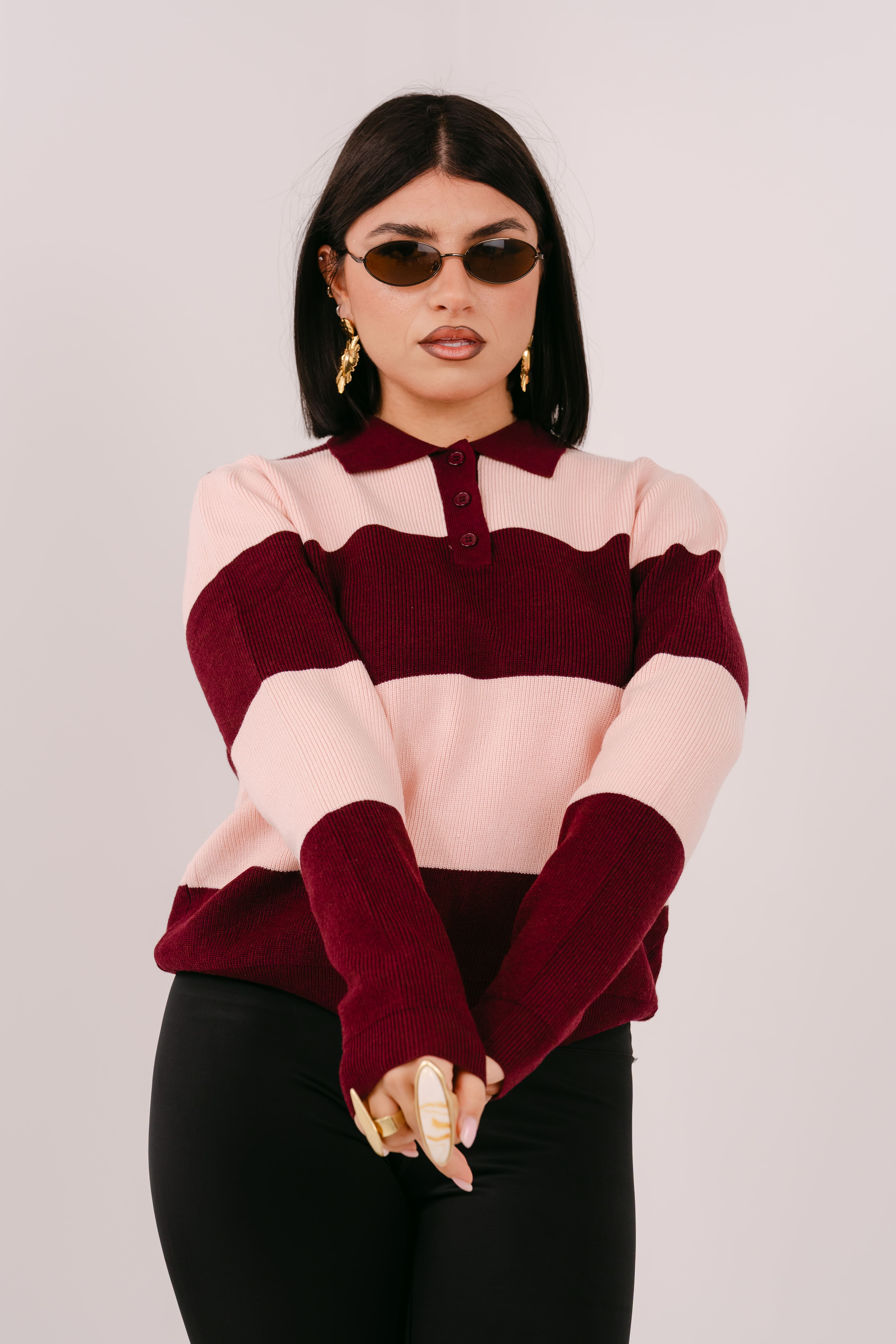 MAGLIONCINO POLO GRACE ROSA E BORDEAUX CON RIGA LARGA TAGLIA UNICA