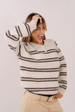 MAGLIONE HAZEL A RIGHE BEIGE E TORTORA CON COLLETTO POLO TAGLIA UNICA