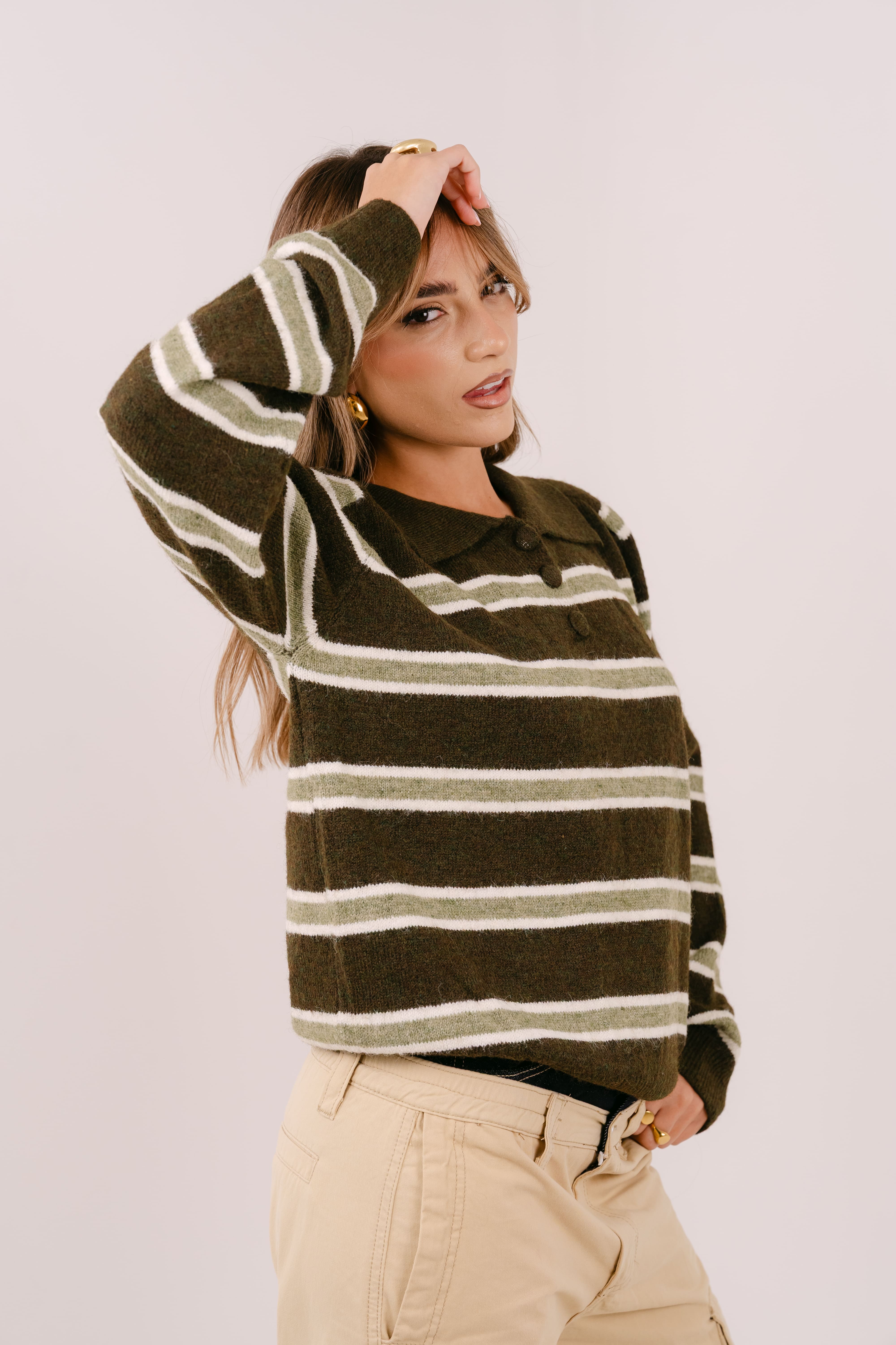 MAGLIONE HAZEL A RIGHE VERDE MILITARE E VERDE CON COLLETTO POLO TAGLIA UNICA
