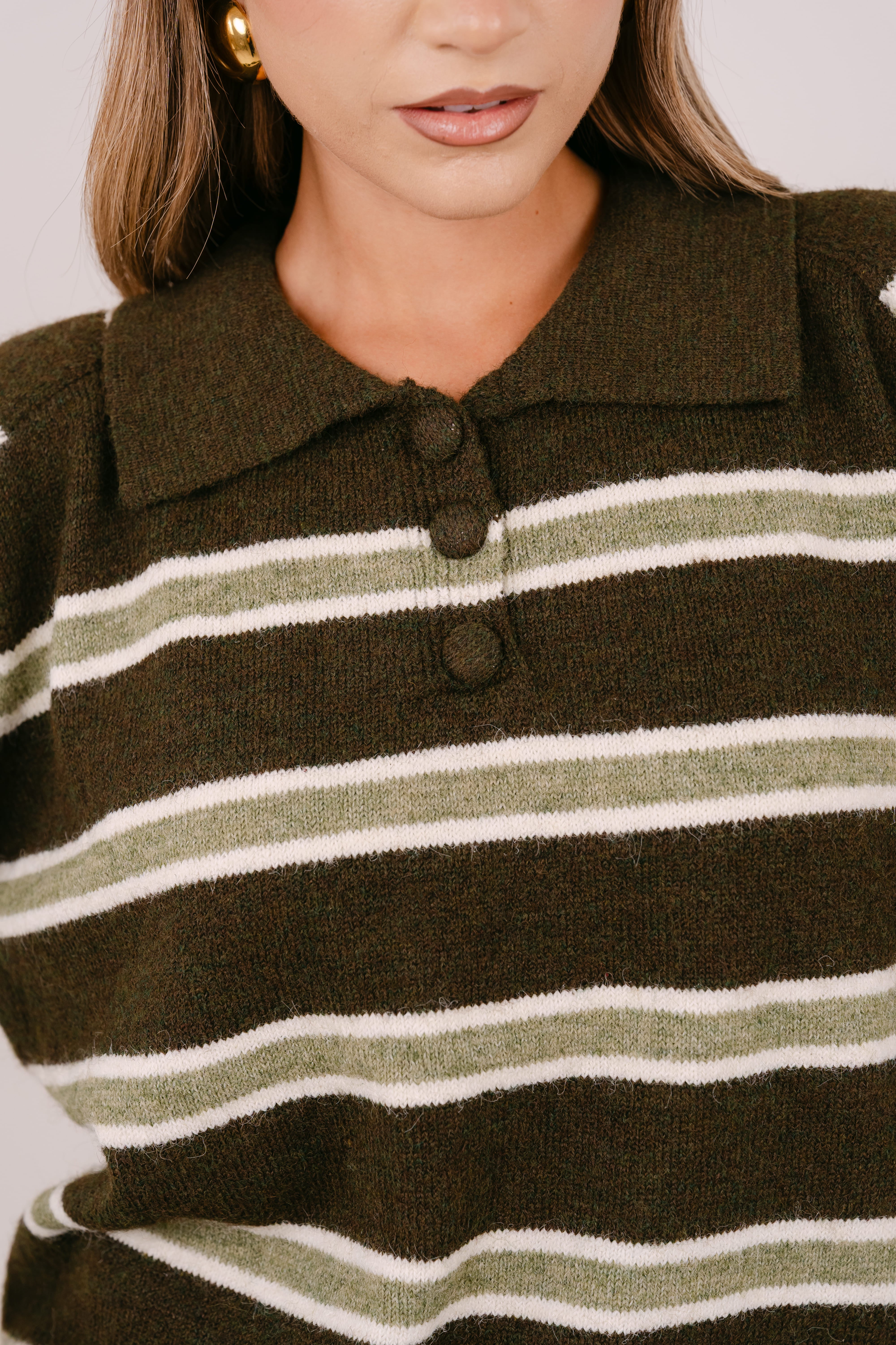 MAGLIONE HAZEL A RIGHE VERDE MILITARE E VERDE CON COLLETTO POLO TAGLIA UNICA