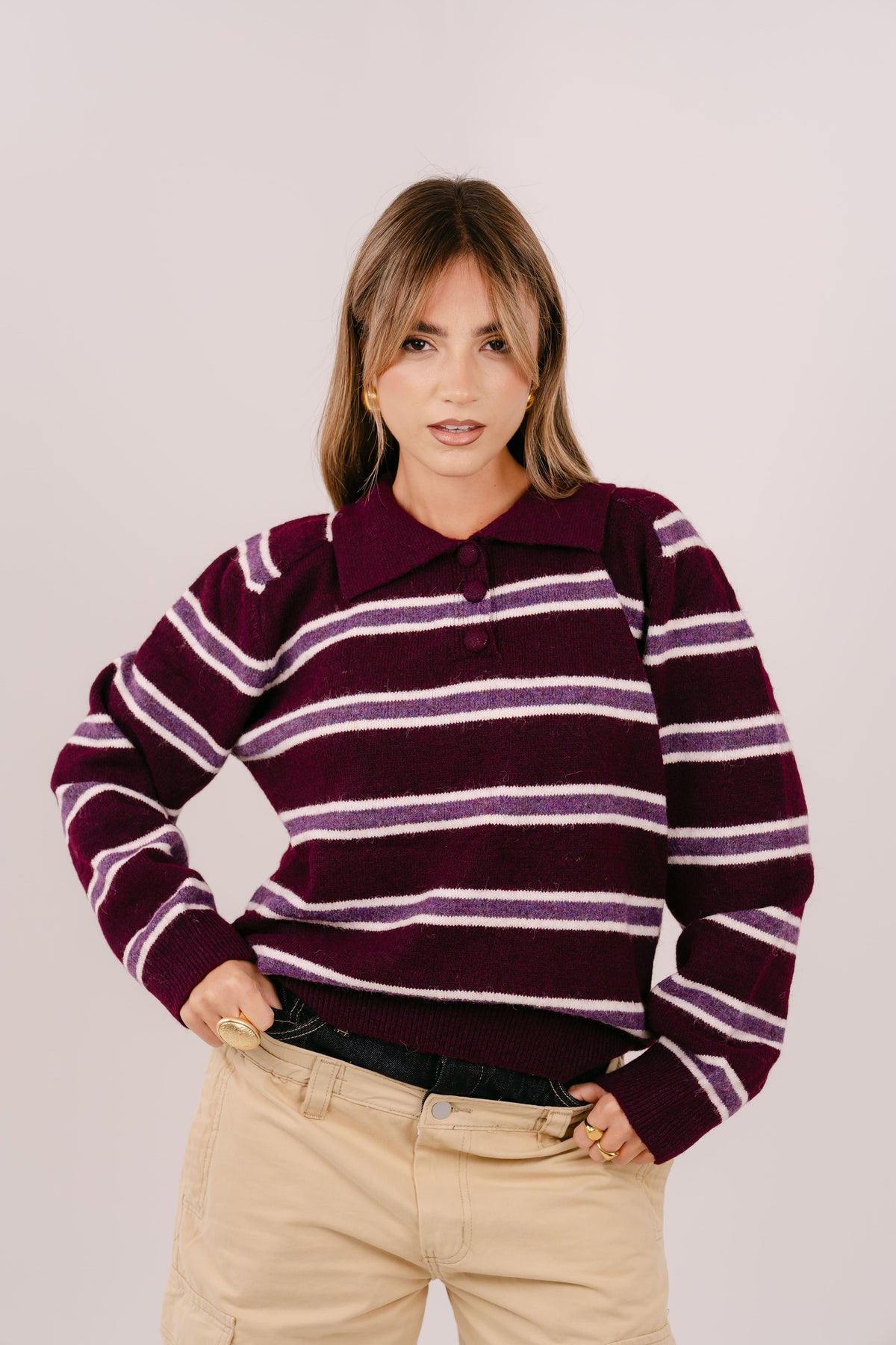 MAGLIONE HAZEL A RIGHE BORDEAUX E VIOLA CON COLLETTO POLO TAGLIA UNICA