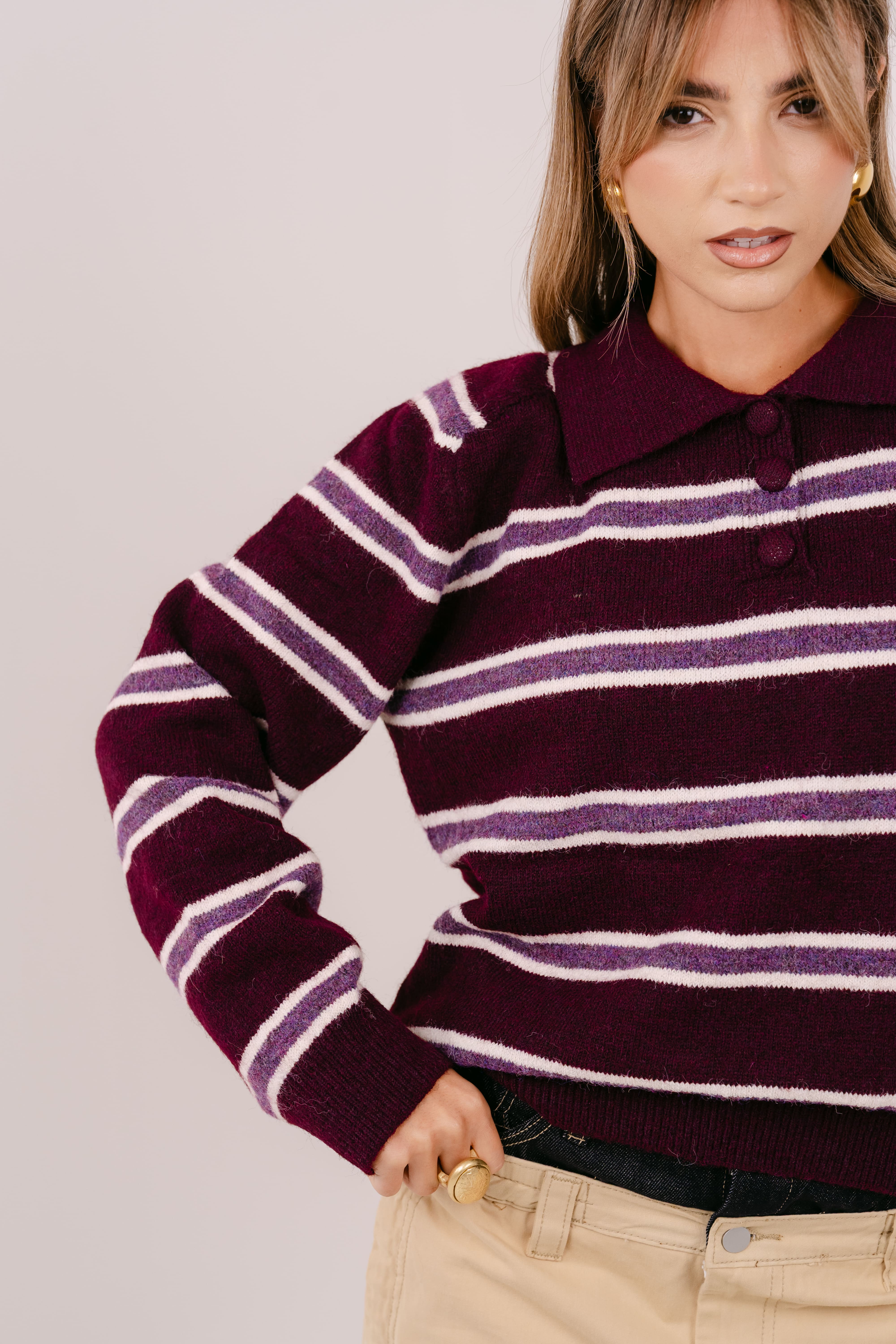 MAGLIONE HAZEL A RIGHE BORDEAUX E VIOLA CON COLLETTO POLO TAGLIA UNICA