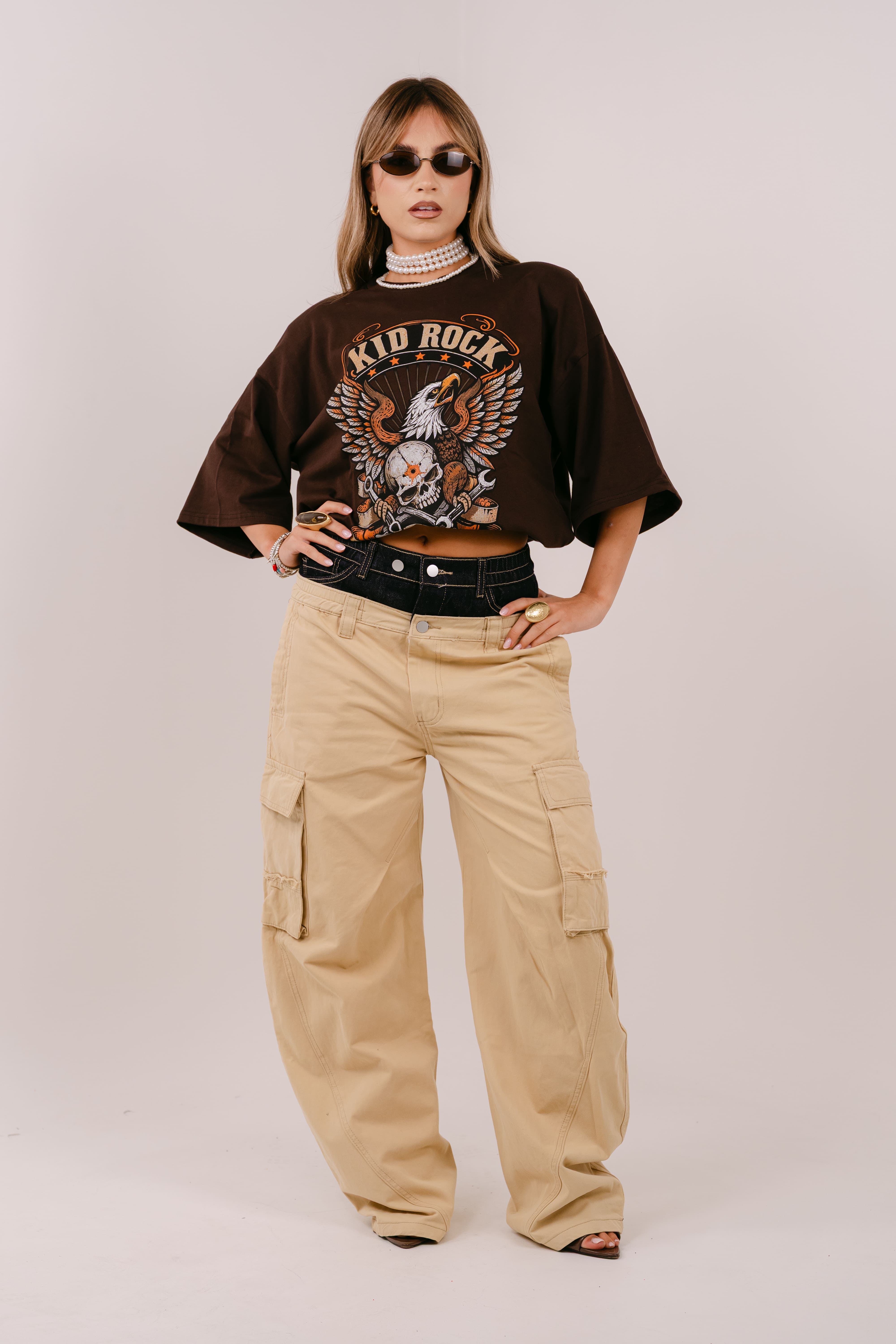 PANTALONI CARGO LARA BEIGE CON DOPPIA VITA IN DENIM