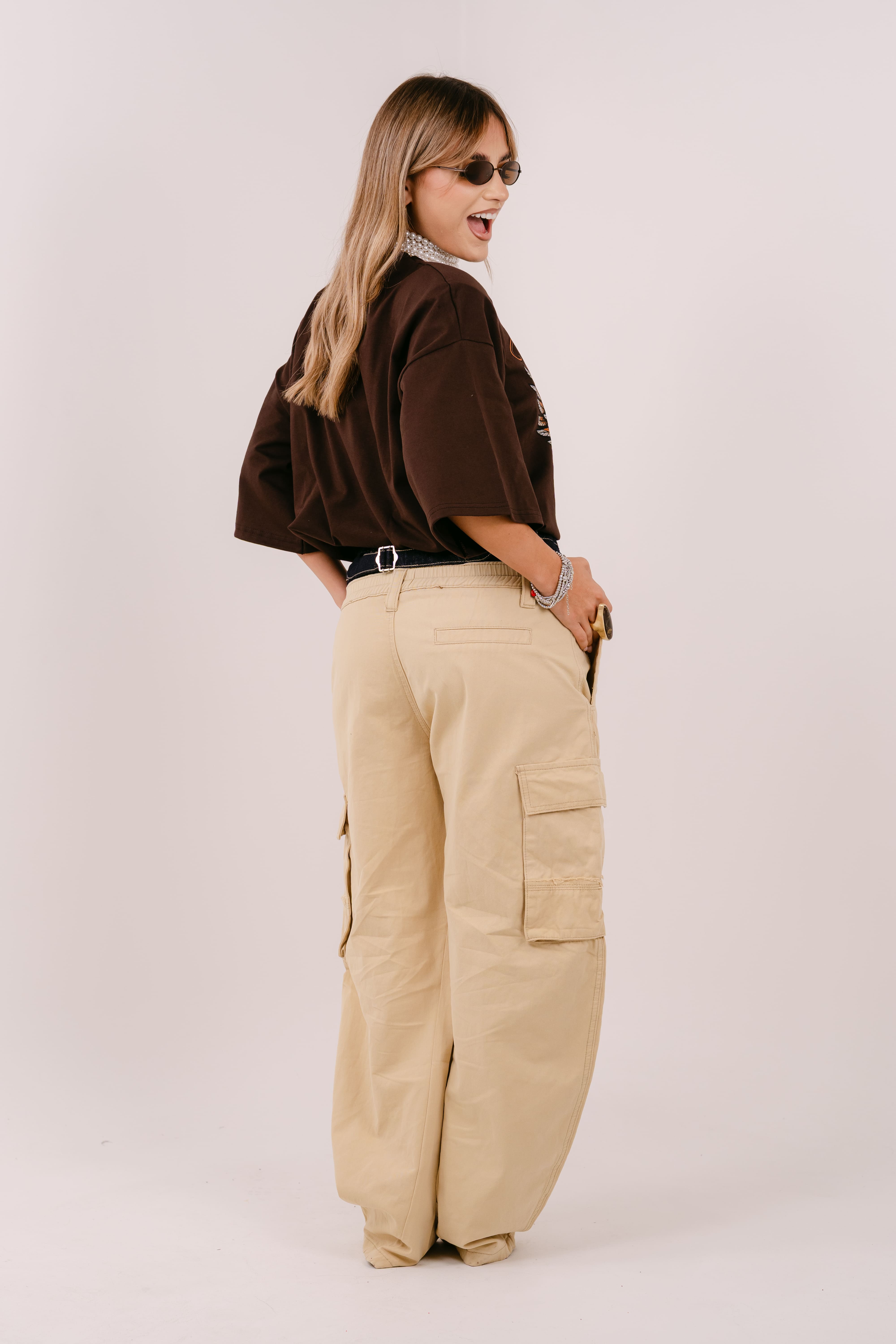 PANTALONI CARGO LARA BEIGE CON DOPPIA VITA IN DENIM