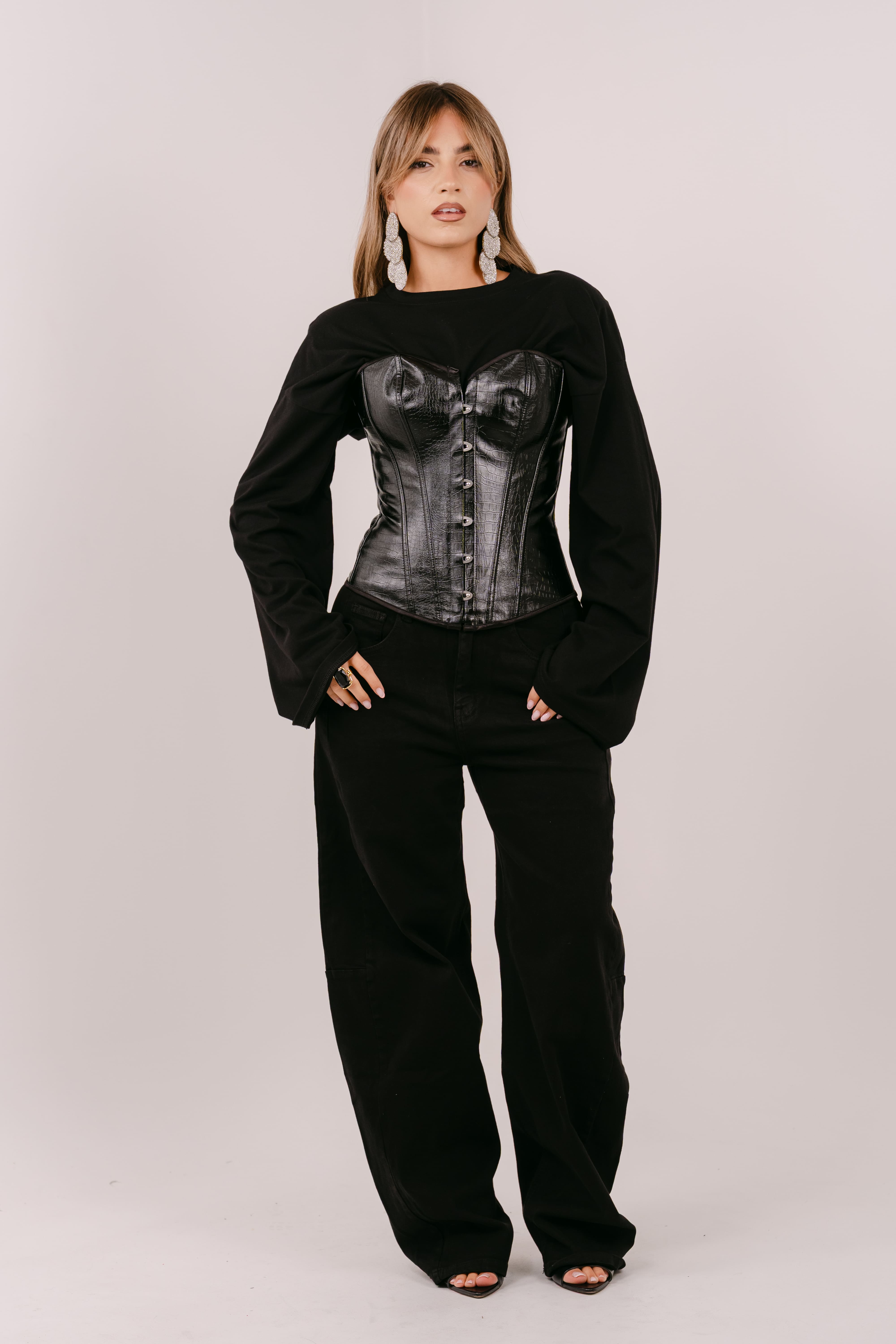 BUSTINO KIM CORSET NERO IN ECOPELLE EFFETTO COCCODRILLO