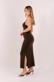 VESTITO LUNGO EVA MARRONE CON SPACCO LATERALE TAGLIA UNICA