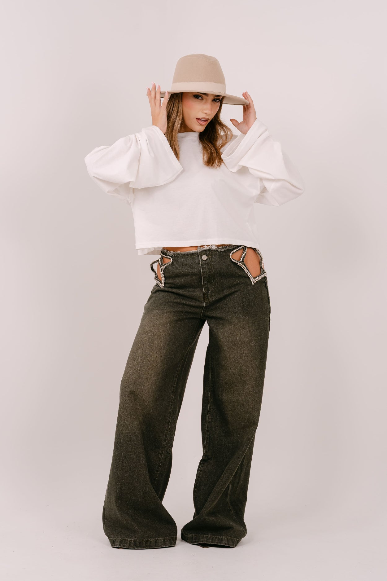 JEANS RHIANNA PALAZZO VERDE CON STELLA IN STRASS