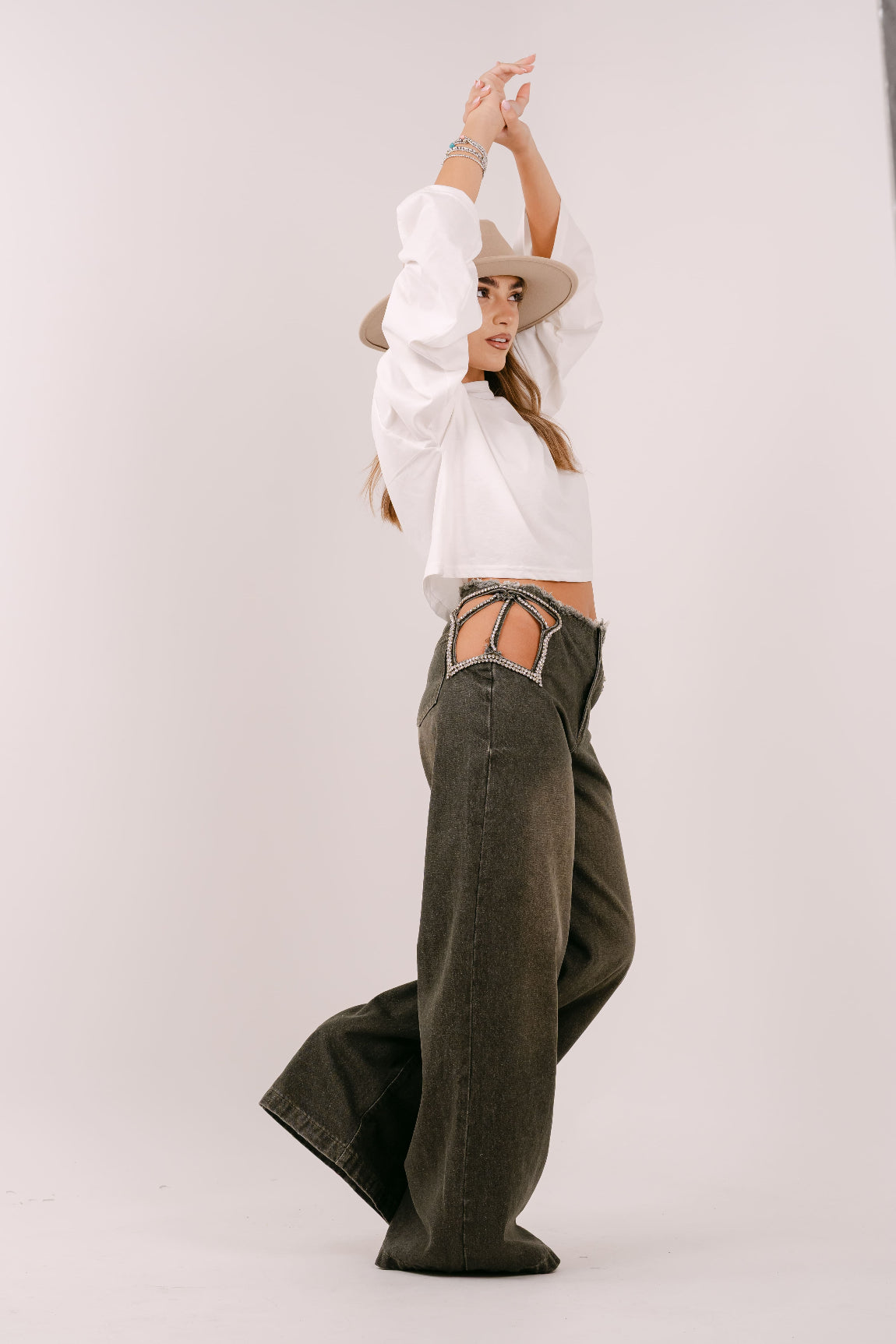 JEANS RHIANNA PALAZZO VERDE CON STELLA IN STRASS