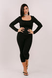 SET TRE PEZZI BRENDA NERO CON MAGLIA CORTA,BUSTINO E LEGGINGS CAPRI