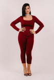 SET TRE PEZZI BRENDA BORDEAUX CON MAGLIA CORTA,BUSTINO E LEGGINGS CAPRI