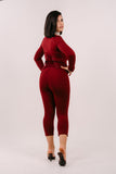 SET TRE PEZZI BRENDA BORDEAUX CON MAGLIA CORTA,BUSTINO E LEGGINGS CAPRI