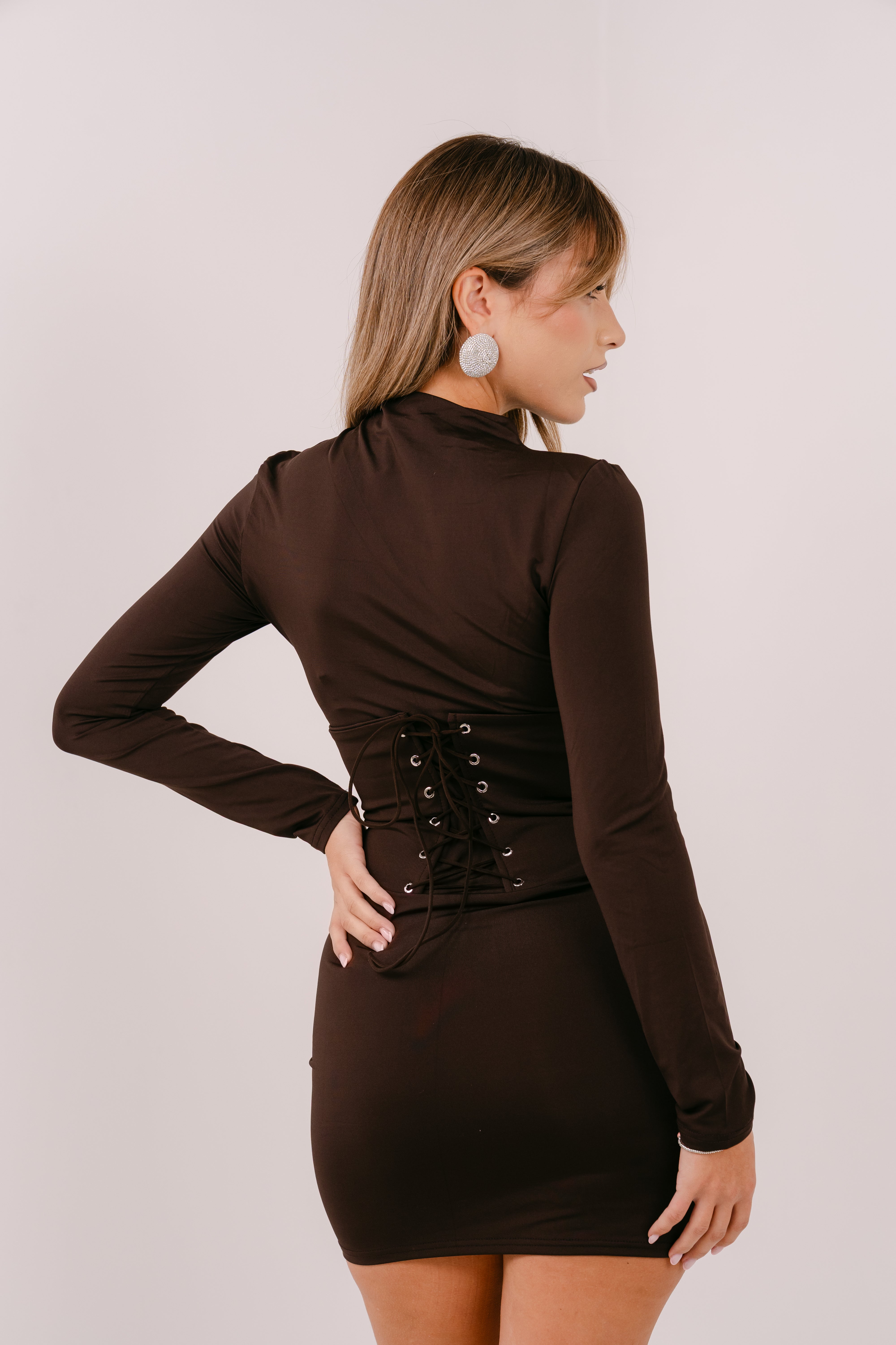 TUBINO YOKO MARRONE CORTO A MANICHE LUNGHE CON BUSTINO CORSET SEPARATO