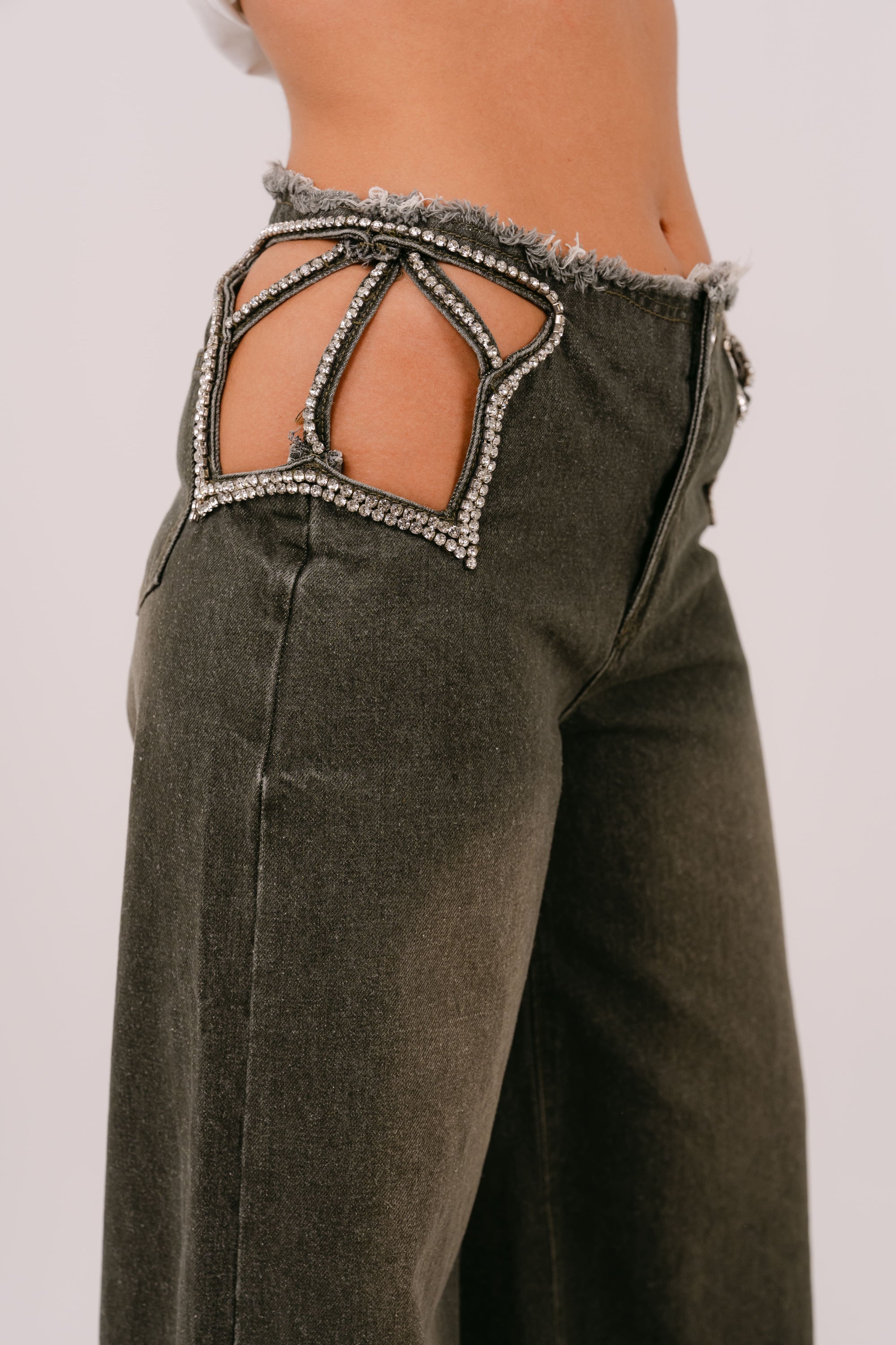 JEANS RHIANNA PALAZZO VERDE CON STELLA IN STRASS