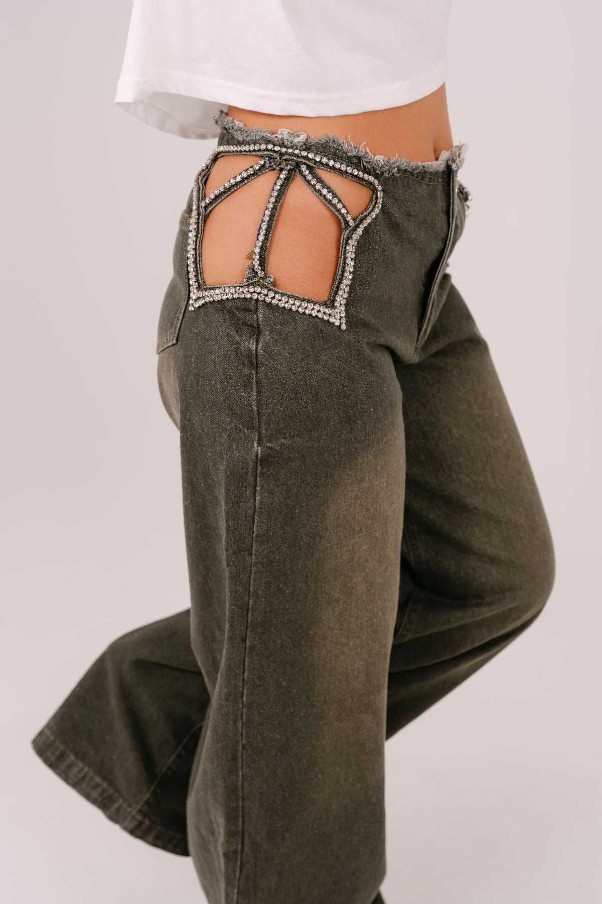 JEANS RHIANNA PALAZZO VERDE CON STELLA IN STRASS