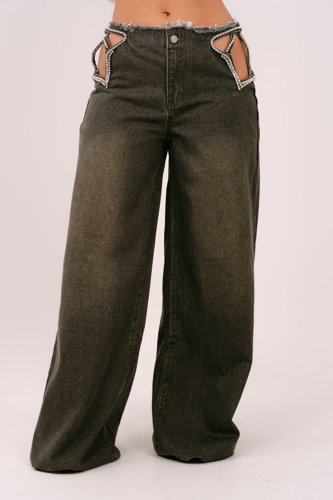 JEANS RHIANNA PALAZZO VERDE CON STELLA IN STRASS