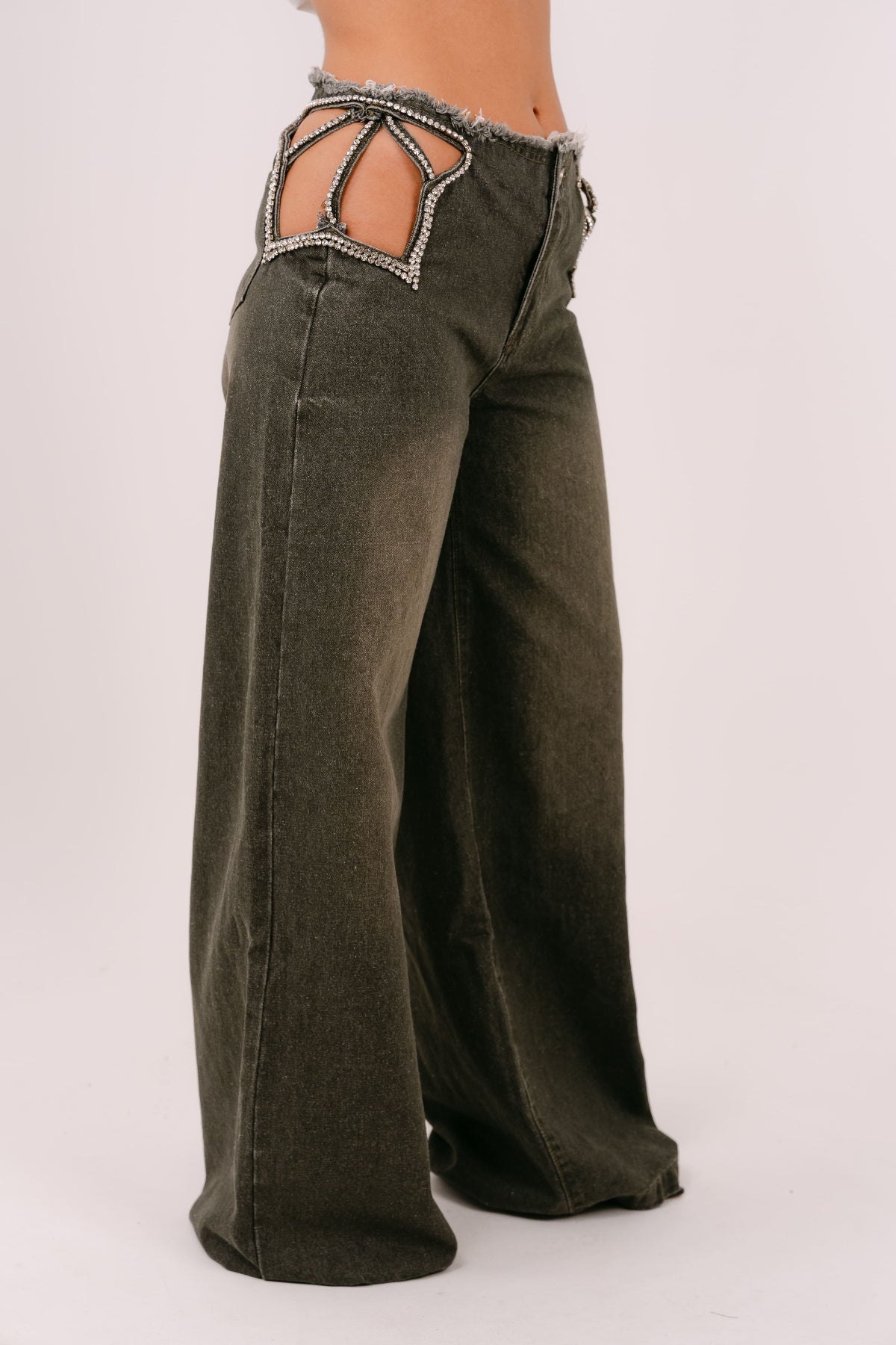 JEANS RHIANNA PALAZZO VERDE CON STELLA IN STRASS