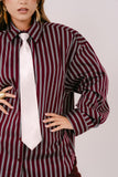 CAMICIA PERLA BORDEAUX CELESTE OVERSIZE RIGATA CON SPALLINE IMBOTTITE TAGLIA UNICA JUST WEST