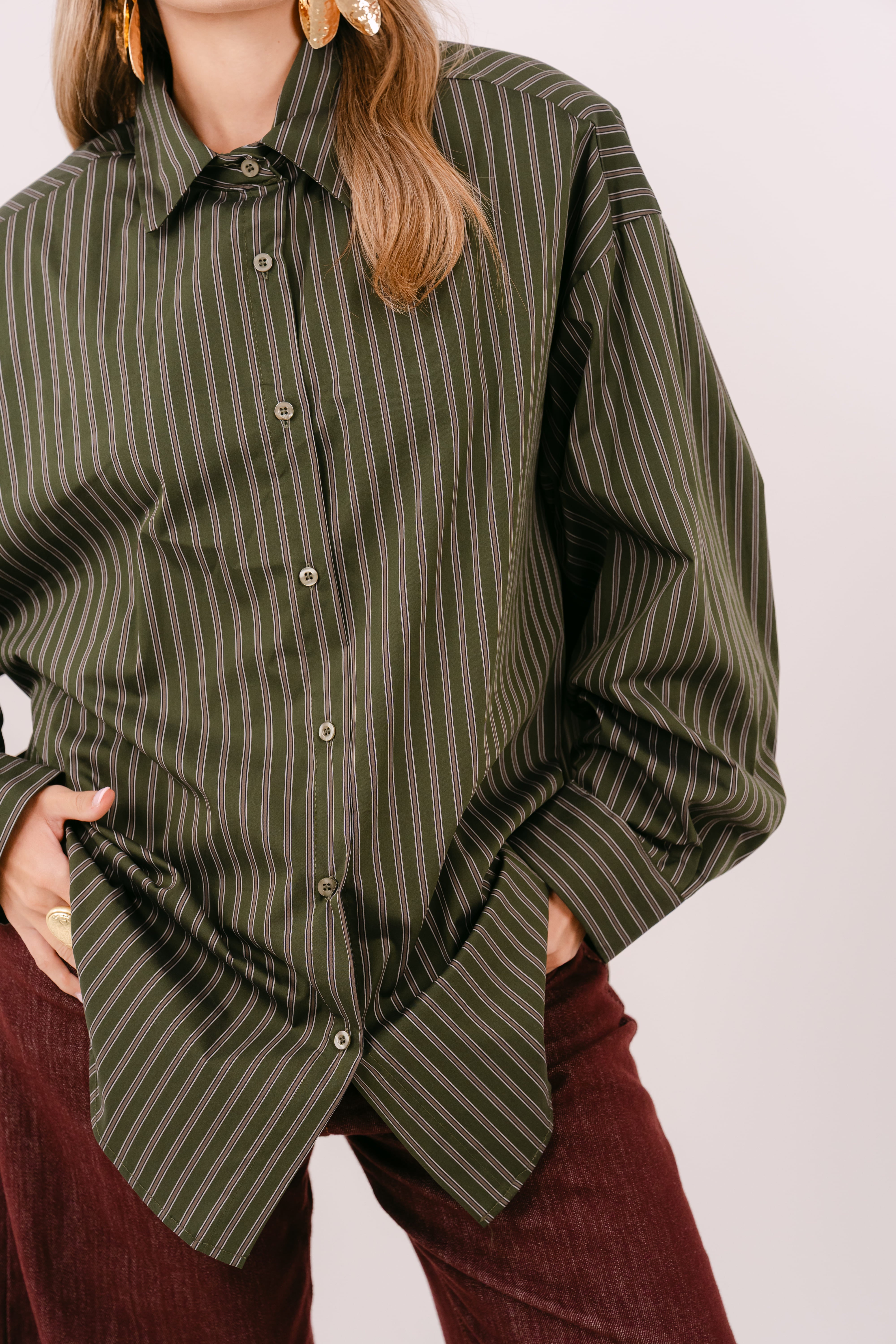 CAMICIA PERLA VERDE MARRONE OVERSIZE RIGATA CON SPALLINE IMBOTTITE TAGLIA UNICA JUST WEST