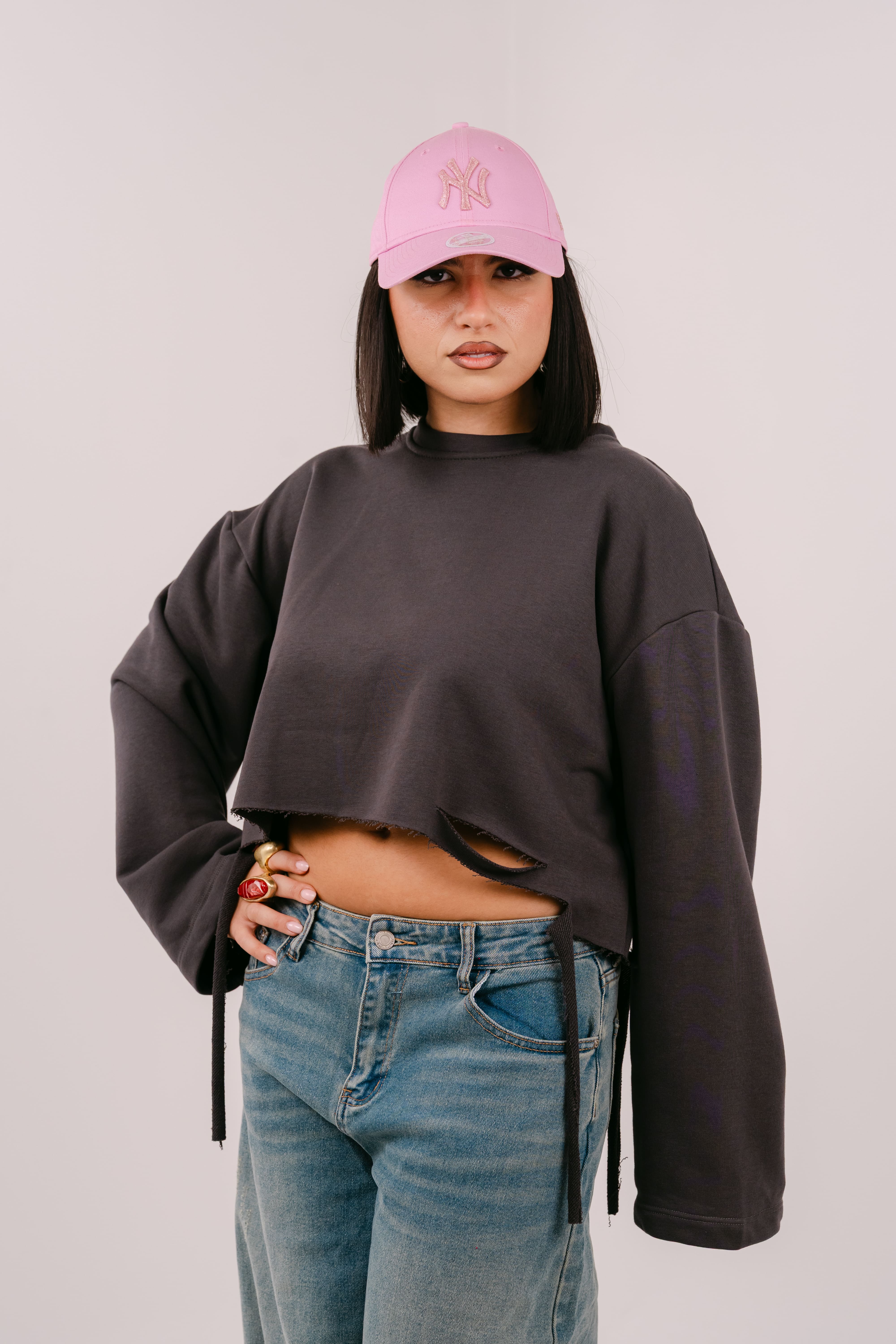 FELPA CROP ELSA GRIGIO JUSTWEST OVERSIZE CON STRAPPI TAGLIA UNICA